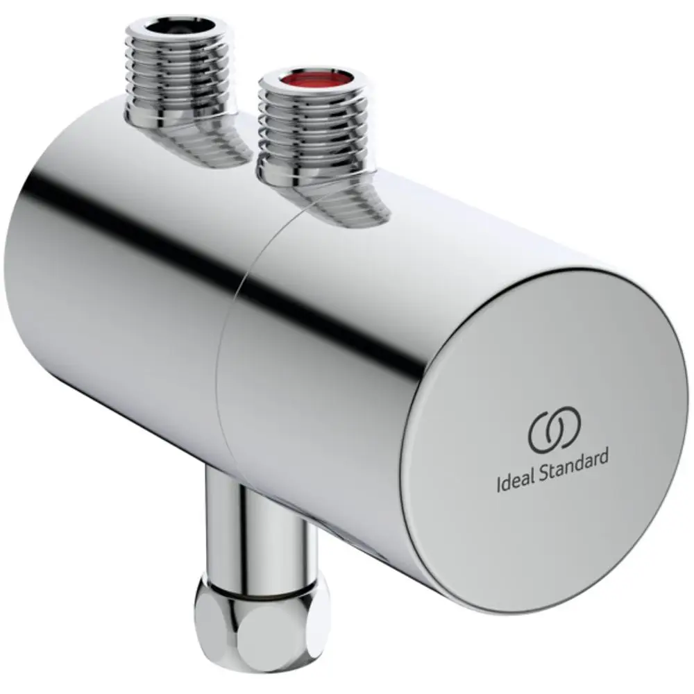 Eckventilthermostat in Chrom-Optik mit zwei Anschlussgewinden und einer seitlichen Abführung. Hersteller: Ideal Standard.